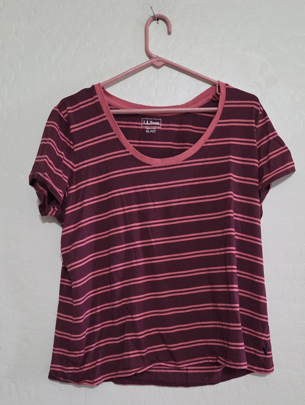 L.L. Bean Women's Burgundy and Pink Striped Scoop Neck Tee